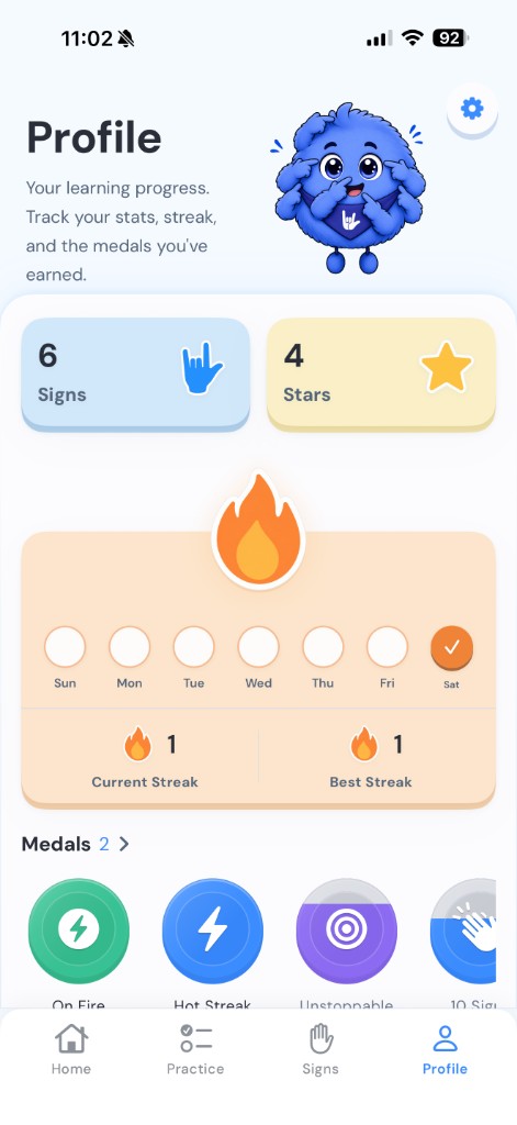 Ziggy Profile showing signs learned, stars, streak, and medals