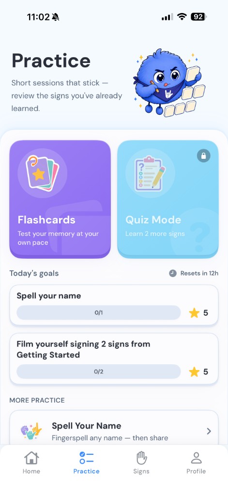 Ziggy Practice tab with flashcards, quiz mode, and today's goals