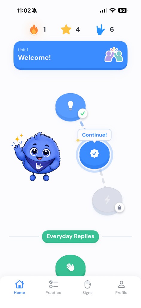 The Ziggy home learning path with a Continue button on the current lesson